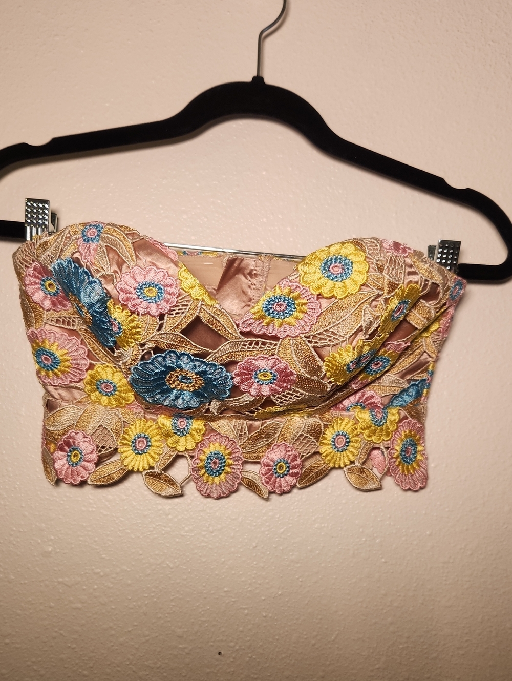 ASOS Floral Lace Strapless Crop Top - Pink, Yellow & Blue